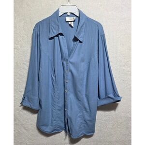 VERSAILLES Plus Size 1X Blue Linen Rayon Blend Button Front 3/4 Sleeve Top Shirt